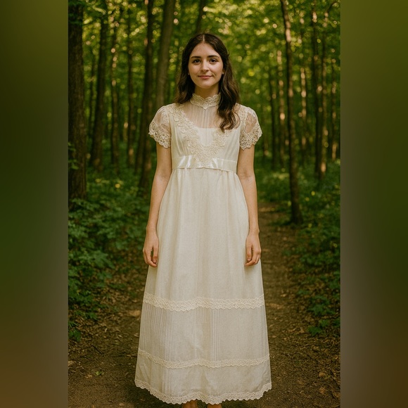 Vintage 1940s Ivory Organza Wedding Dress Appliqué Lace Antique Wedding